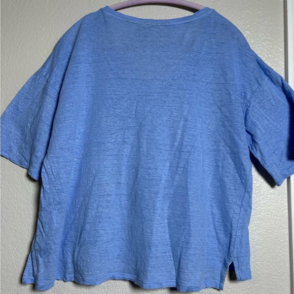 Relaxed Blue Linen V-Neck Top with Short Sleeves. Very Soft Comfy, Relaxed Fit - Picture 2 of 9